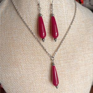 Burgundy Red Jade Earrings and Necklace Set Stainless Steel ❤️❤️❤️